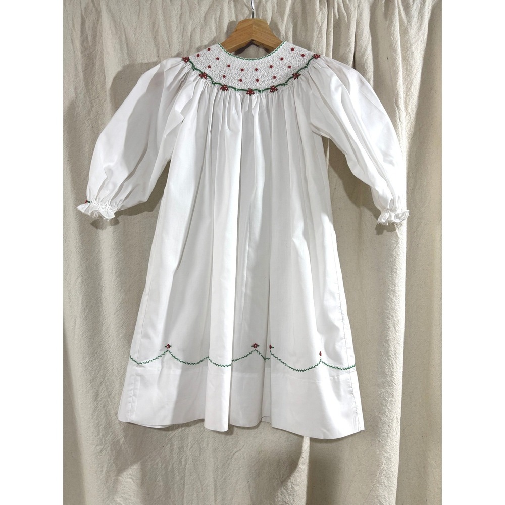Vintage Feltman Brothers Hand Smocked White Floral Dress 4T 1980s Kids Heirloom